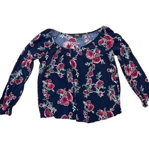 Lu Lu's Blouse Navy Floral Button Front Long Sleeve Shirt Size Small
